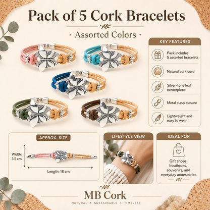 Handmade Natural Cork Bracelet with Silver-Tone Leaf  BR-535-MIX-5