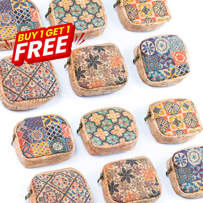 Buy 1 Get Free: （5Units）Cork Coin Purse Cube Pattern Wallet Bagf-002 Cork Bag