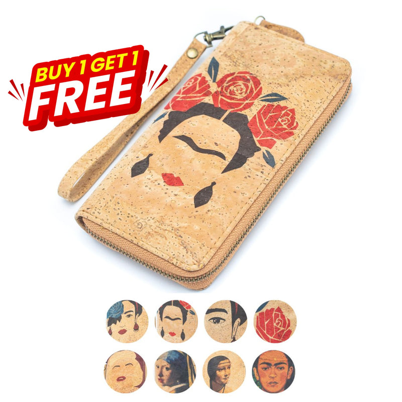 Buy 1 Get Free: Abstract Frida Art Cork Zipper Wallet- Bag-2076 Cork Bag