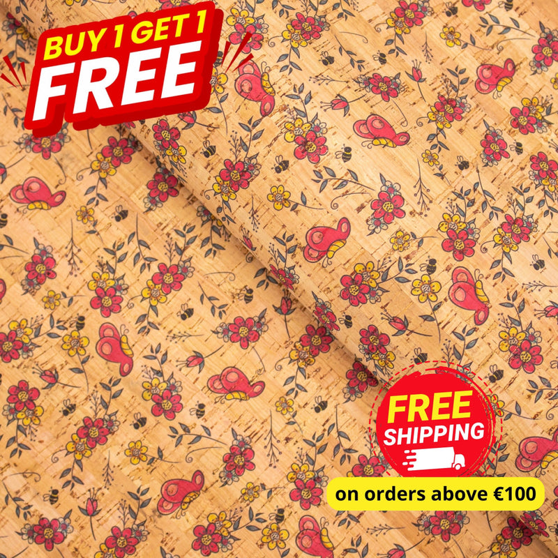 Buy 1 Get Free: Cork Fabric Tile Portuguese Cute Butterfly Flower Pattern Cof-279 Cork