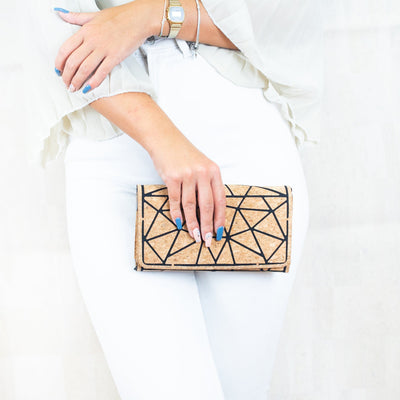 Buy 1 Get Free: Geometric Pattern Natural Cork With Chain Ladies Phone Wallet And Crossbody Bag