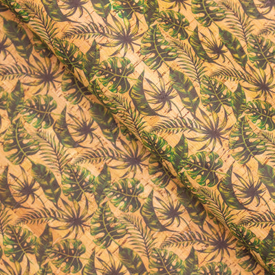 Green Plantain Leaves Pattern Cork Leather Fabric Cof-259