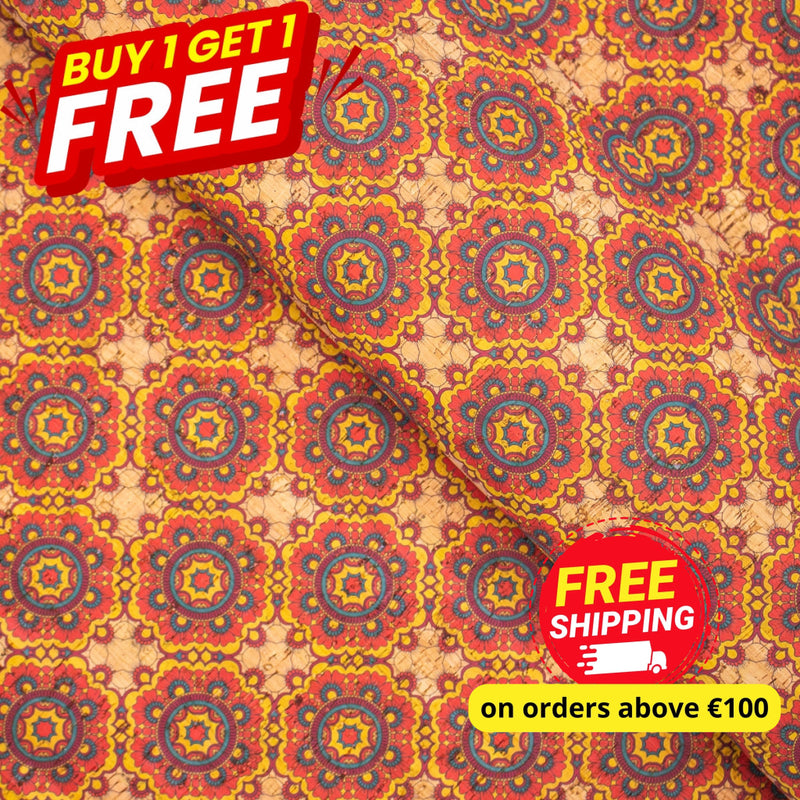Buy 1 Get Free: Natural Cork Fabric Tile Portuguese Flower Pattern Cof-277