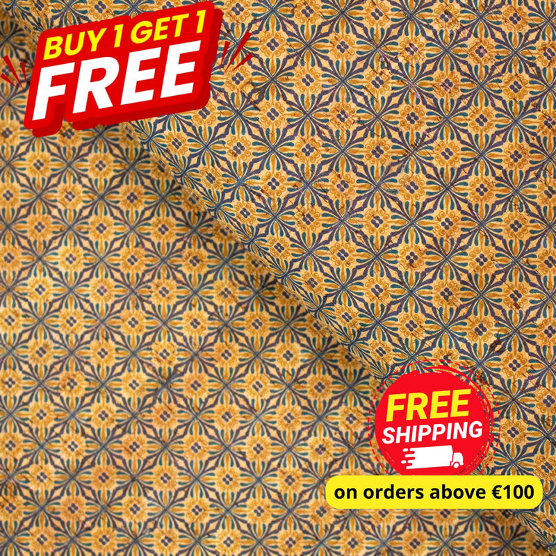 Buy 1 Get Free: Symmetrical Tile Motif Pattern Cork Fabric Cof-243 Cork Fabric