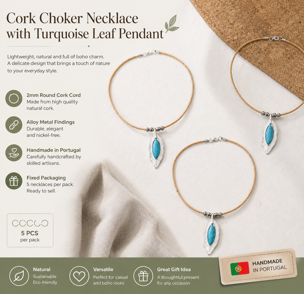 Natural Cork Necklace with Turquoise Leaf Pendant – Handmade in Portugal N-187-5