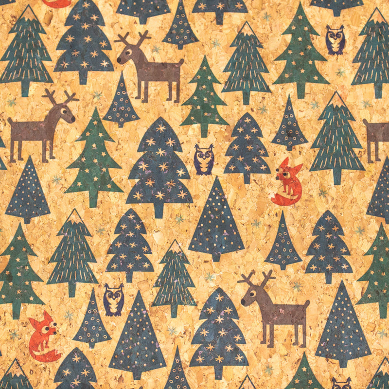 Christmas Pattern Tree Fox Elk And Owl Natural Cork Fabric Cof-324