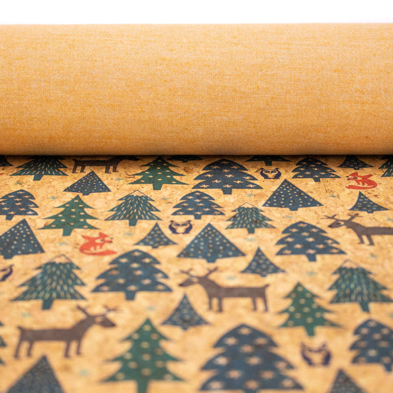 Christmas Pattern Tree Fox Elk And Owl Natural Cork Fabric Cof-324