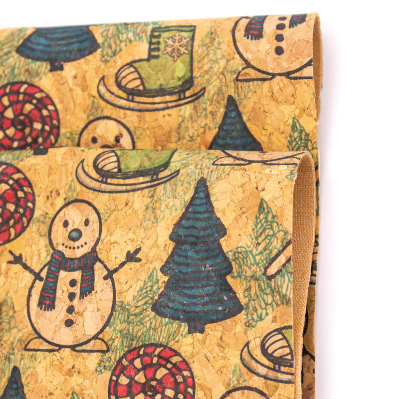 Christmas Snowman Ski Boots Tree Pattern Cof-330 Cork Fabric