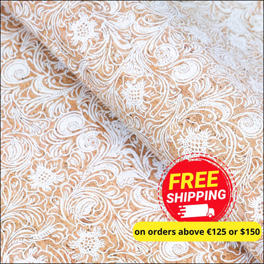 Classic Baroque Splendor: White Patterned Cork Fabric Cof-510 Cork Fabric