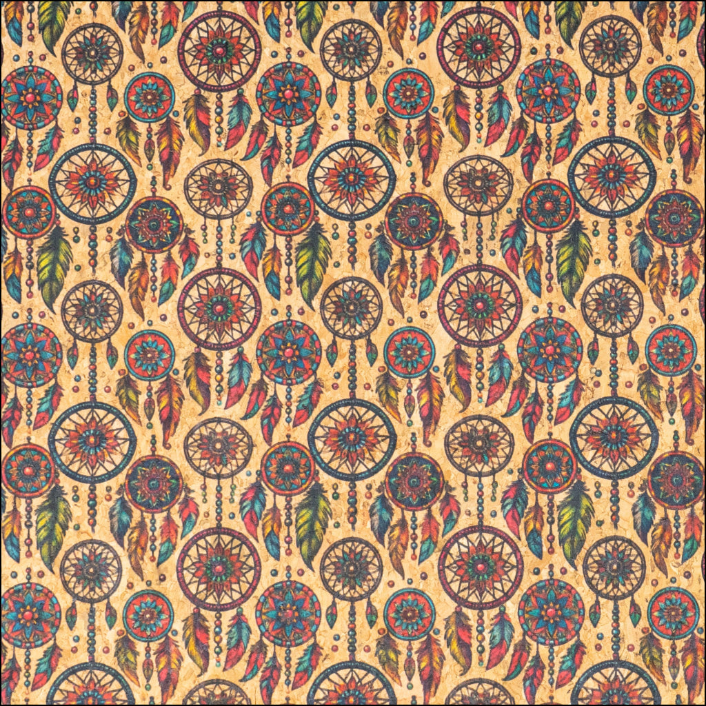 Colorful Dreamcathers Pattern Cork Fabric COF-772 1/2M (138*50 cm / 54*19 inches) cork fabric