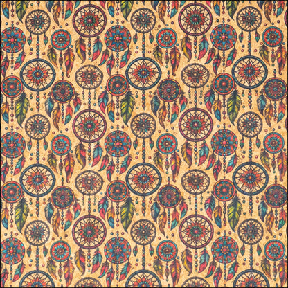 Colorful Dreamcathers Pattern Cork Fabric COF-772 1/2M (138*50 cm / 54*19 inches) cork fabric