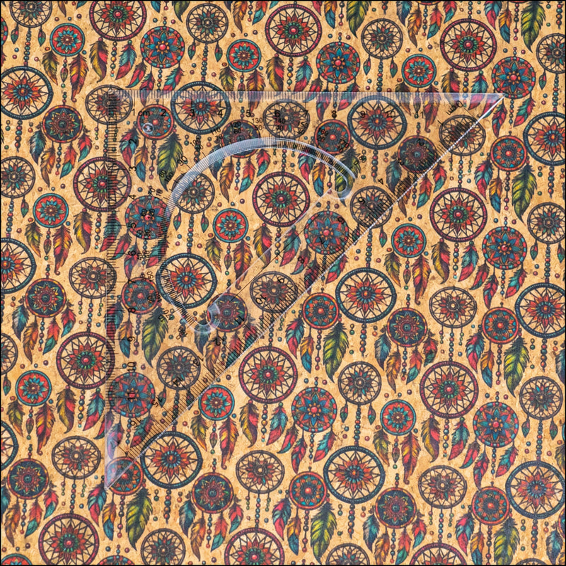 Colorful Dreamcathers Pattern Cork Fabric COF-772 1/2M (138*50 cm / 54*19 inches) cork fabric