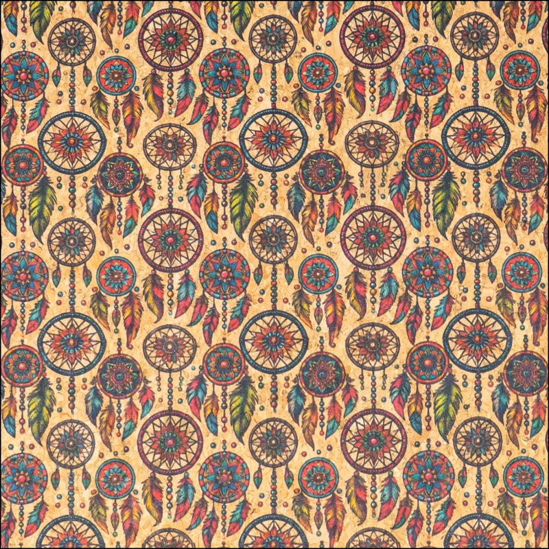 Colorful Dreamcathers Pattern Cork Fabric COF-772 1/2M (138*50 cm / 54*19 inches) cork fabric