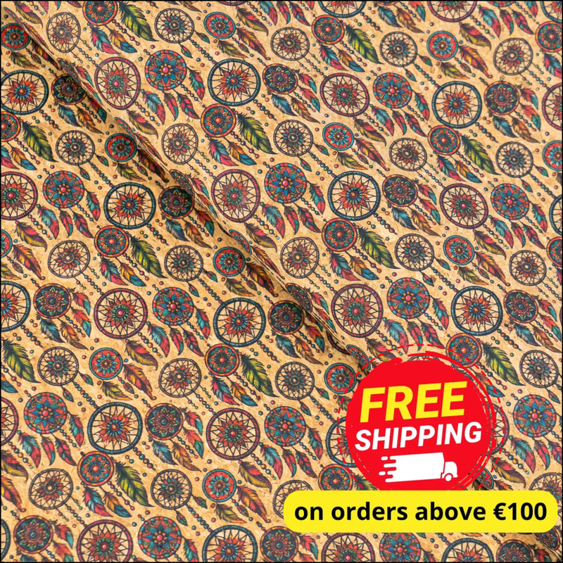 Colorful Dreamcathers Pattern Cork Fabric COF-772 1/2M (138*50 cm / 54*19 inches) cork fabric