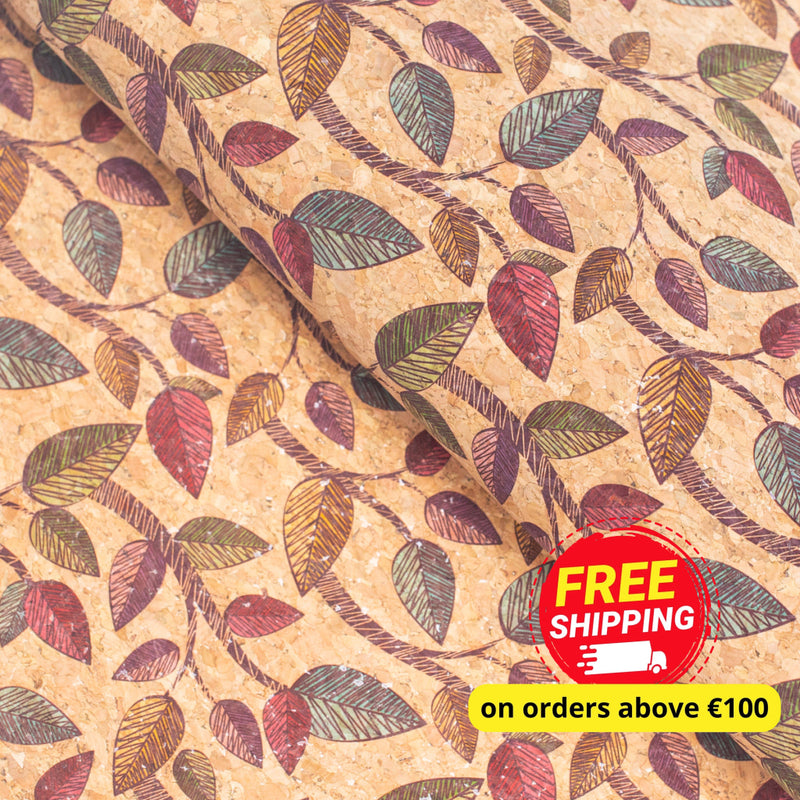 Colorful Leaves Natural Cork Fabric Cof-204-A Cork Fabric