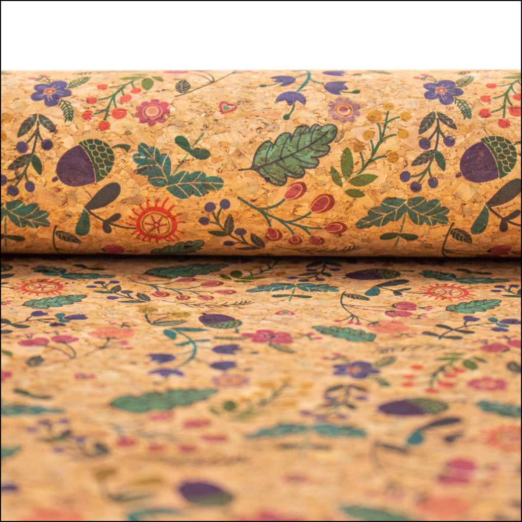 Cute Bird Hazelnut And Green Leaves Pattern Cork Fabric Cof-382 Cork