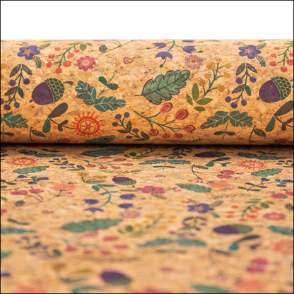 Cute Bird Hazelnut And Green Leaves Pattern Cork Fabric Cof-382 Cork