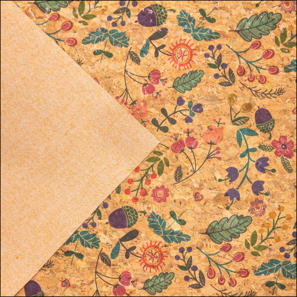 Cute Bird Hazelnut And Green Leaves Pattern Cork Fabric Cof-382 Cork