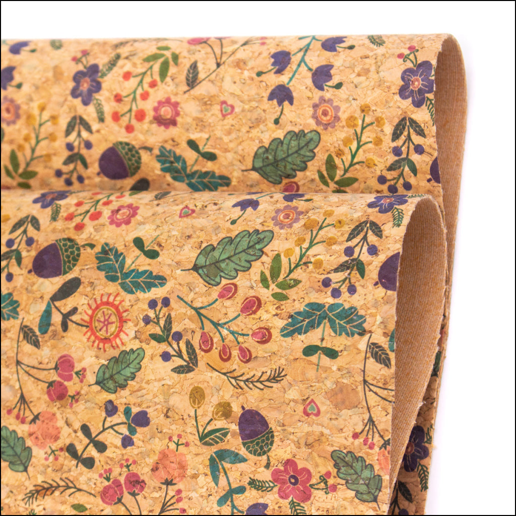Cute Bird Hazelnut And Green Leaves Pattern Cork Fabric Cof-382 Cork