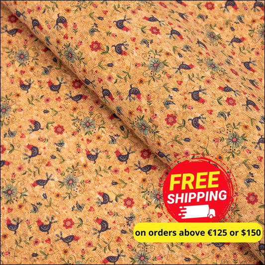 Cute Birds And Flowers Pattern Cork Fabric Cof-380 Cork