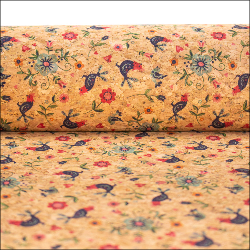 Cute Birds And Flowers Pattern Cork Fabric Cof-380 Cork