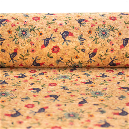 Cute Birds And Flowers Pattern Cork Fabric Cof-380 Cork