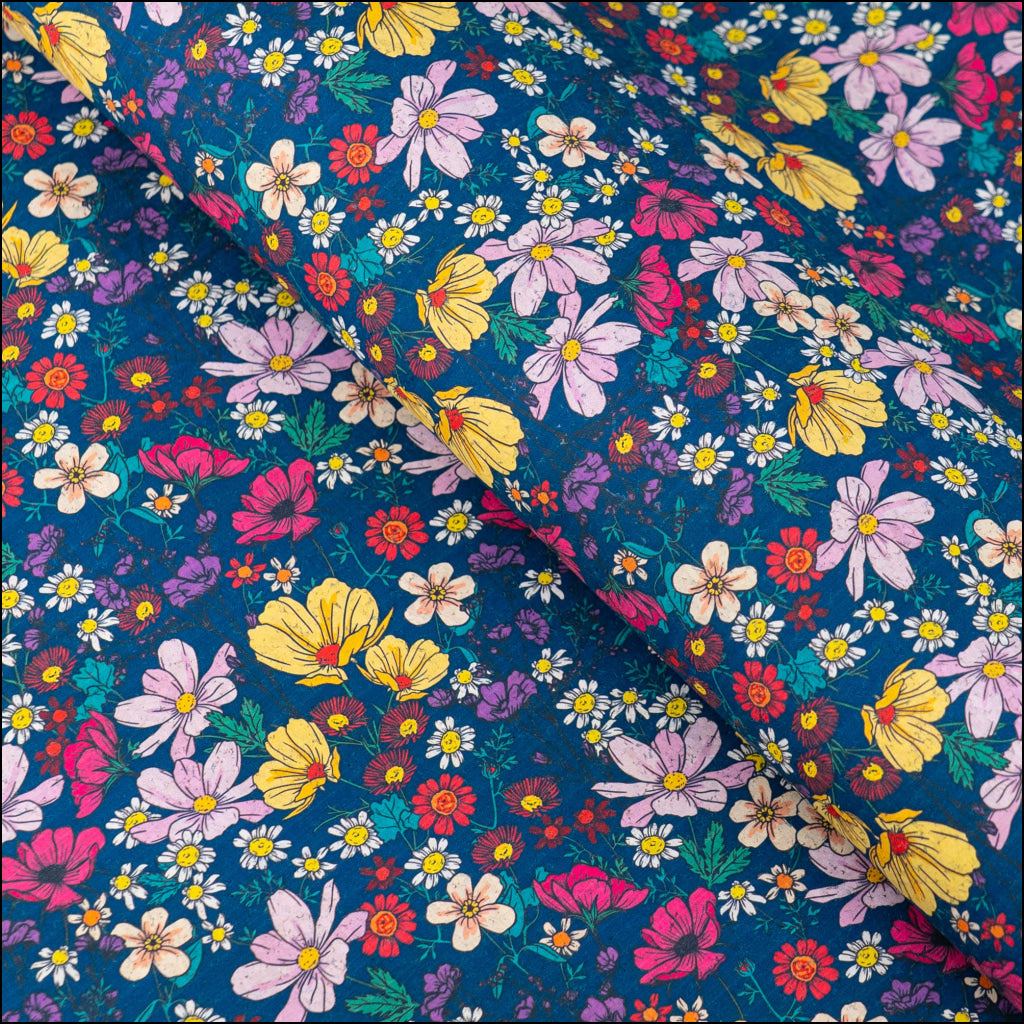 Dark Blue Floral Cork Fabric COF-622 cork fabric