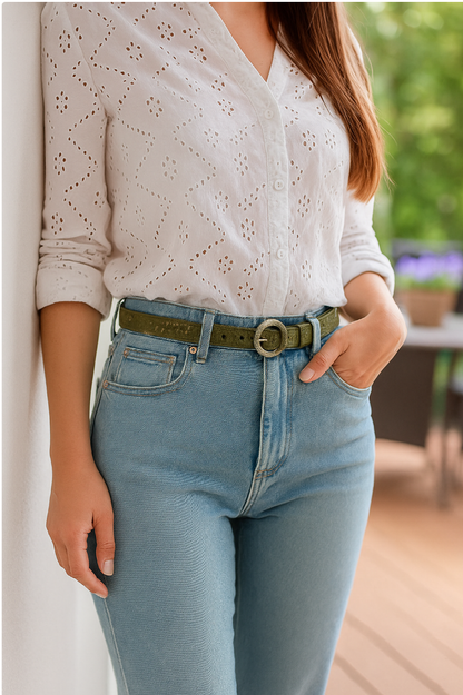 Women's Slim Cork Belt with Design Buckle  L-1117