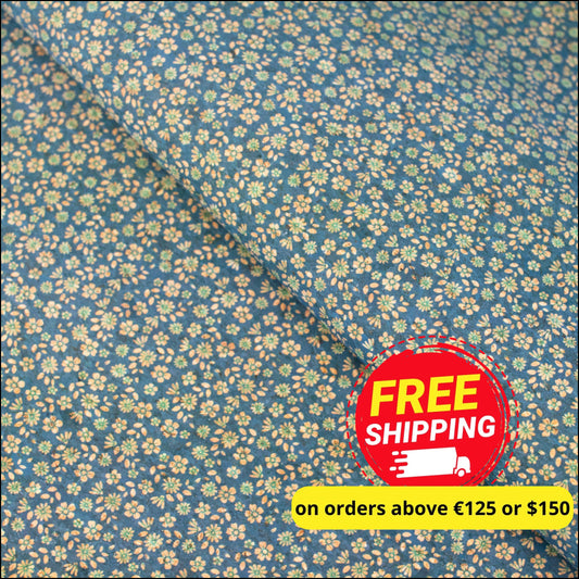 Delicate Floral Sprinkle On Teal Cork Fabric Design Cof-488 Cork Fabric