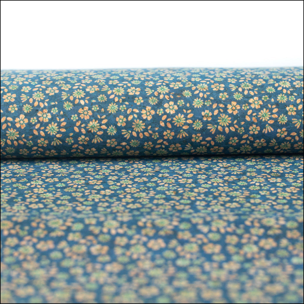 Delicate Floral Sprinkle On Teal Cork Fabric Design Cof-488 Cork Fabric