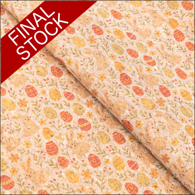 Easter Collection - Cork Fabric with Rabbits Easter Eggs and Flowers Pattern COF-776 1/2M (138*50 cm / 54*19 inches)