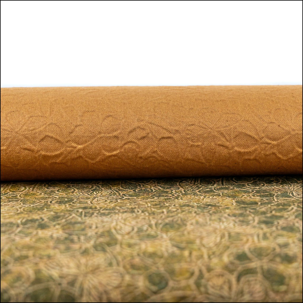 Embossed Butterfly & Floral Cork Fabric Green & Beige Tones COF-644 cork fabric