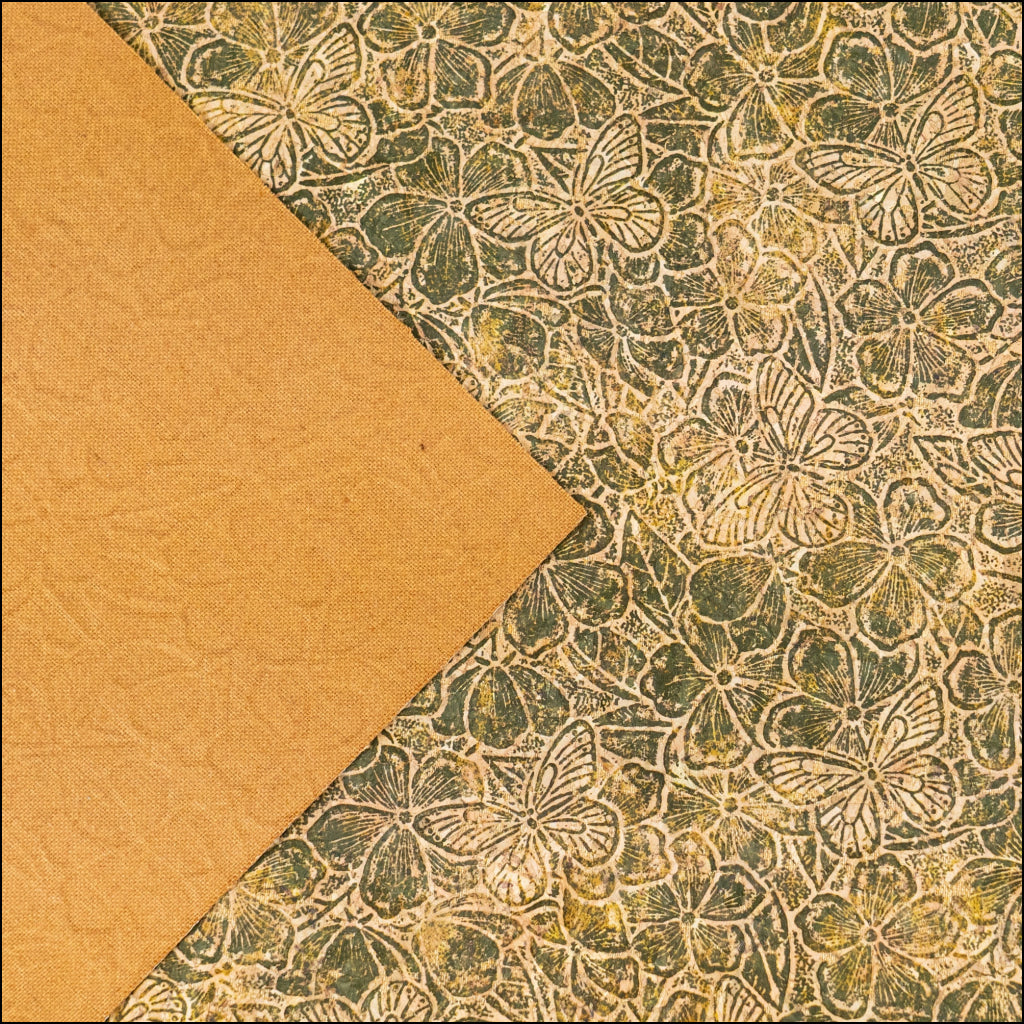 Embossed Butterfly & Floral Cork Fabric Green & Beige Tones COF-644 cork fabric