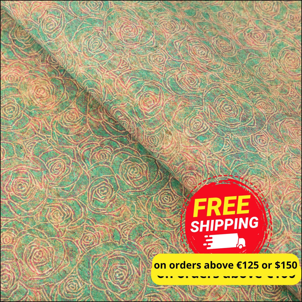 Embossed Rose Pattern Cork Fabric Green & Pink Tones COF-642 cork fabric