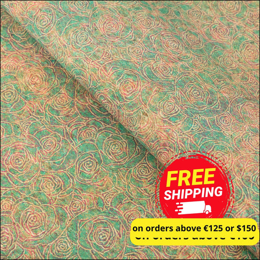 Embossed Rose Pattern Cork Fabric Green & Pink Tones COF-642 cork fabric