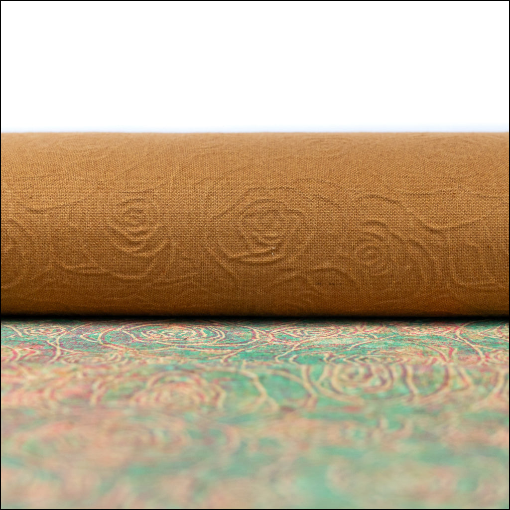 Embossed Rose Pattern Cork Fabric Green & Pink Tones COF-642 cork fabric