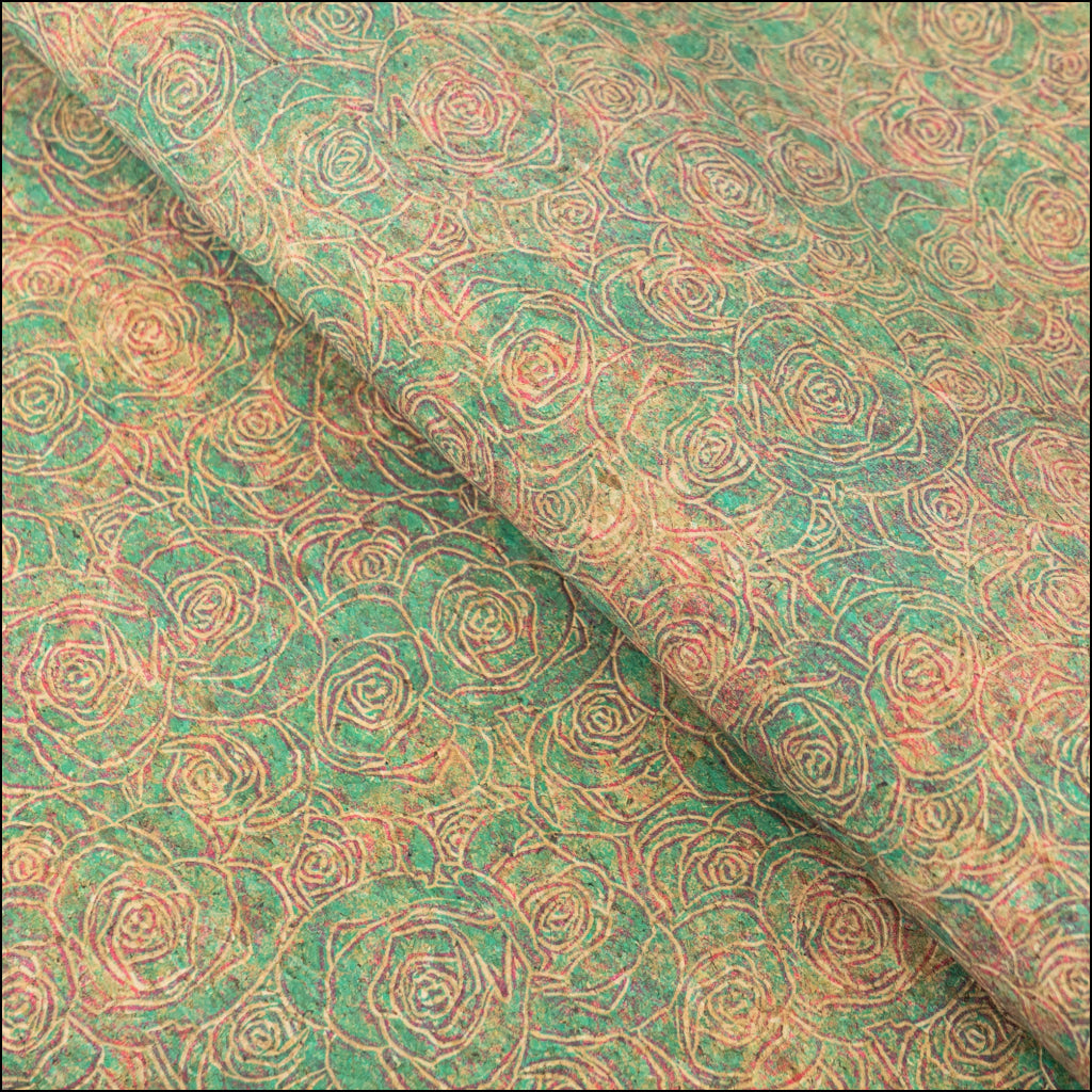 Embossed Rose Pattern Cork Fabric Green & Pink Tones COF-642 cork fabric