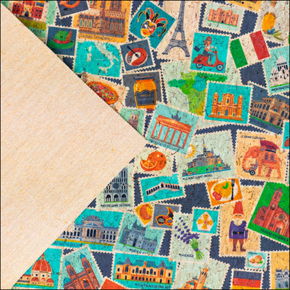 European Landmarks Stamp Print On Cork Material Fabric Cof-498 Cork Fabric