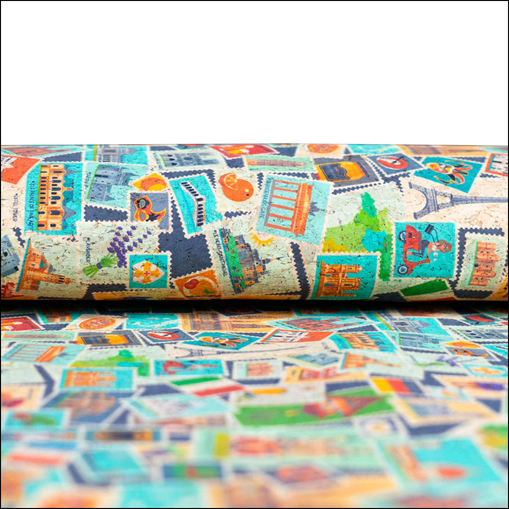 European Landmarks Stamp Print On Cork Material Fabric Cof-498 Cork Fabric