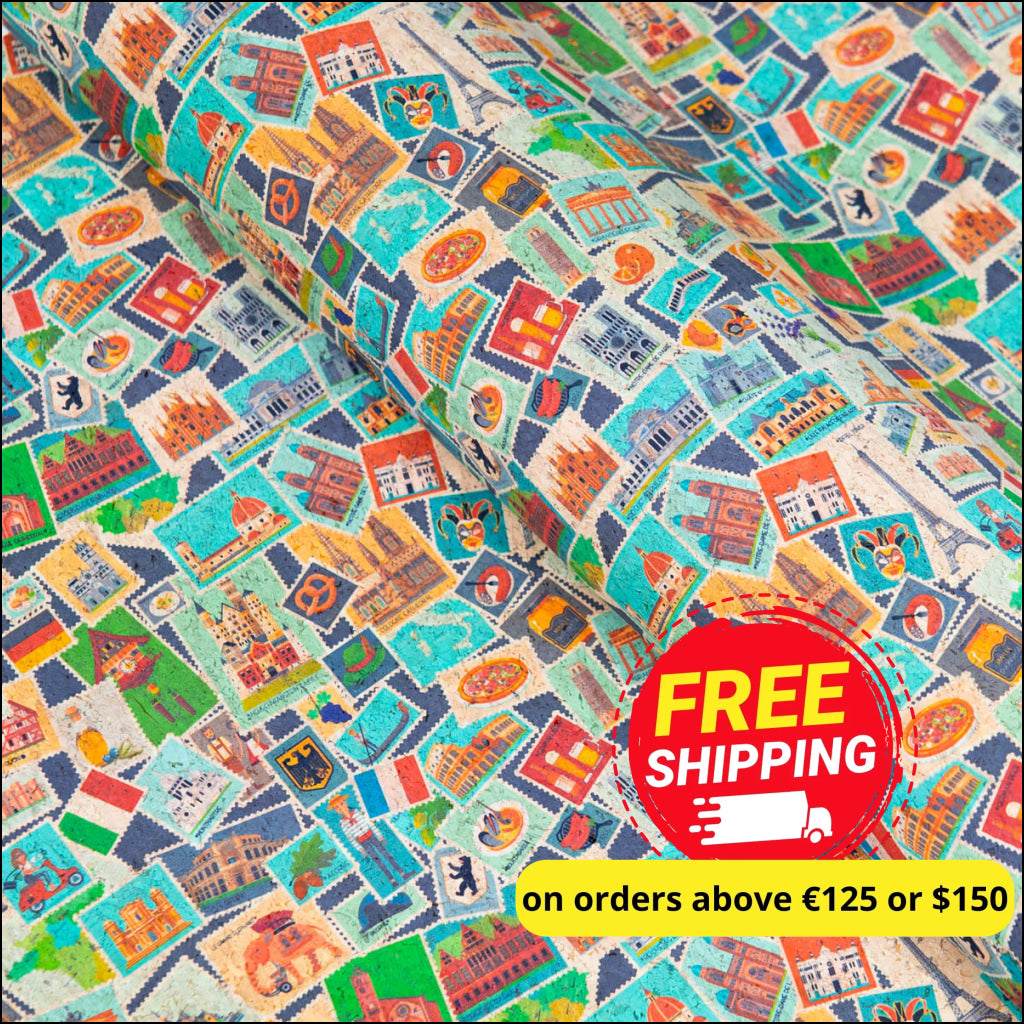 European Landmarks Stamp Print On Cork Material Fabric Cof-498 Cork Fabric