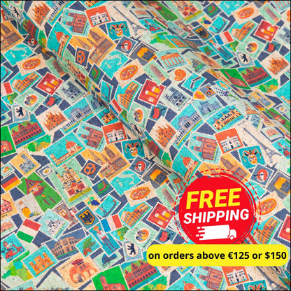 European Landmarks Stamp Print On Cork Material Fabric Cof-498 Cork Fabric