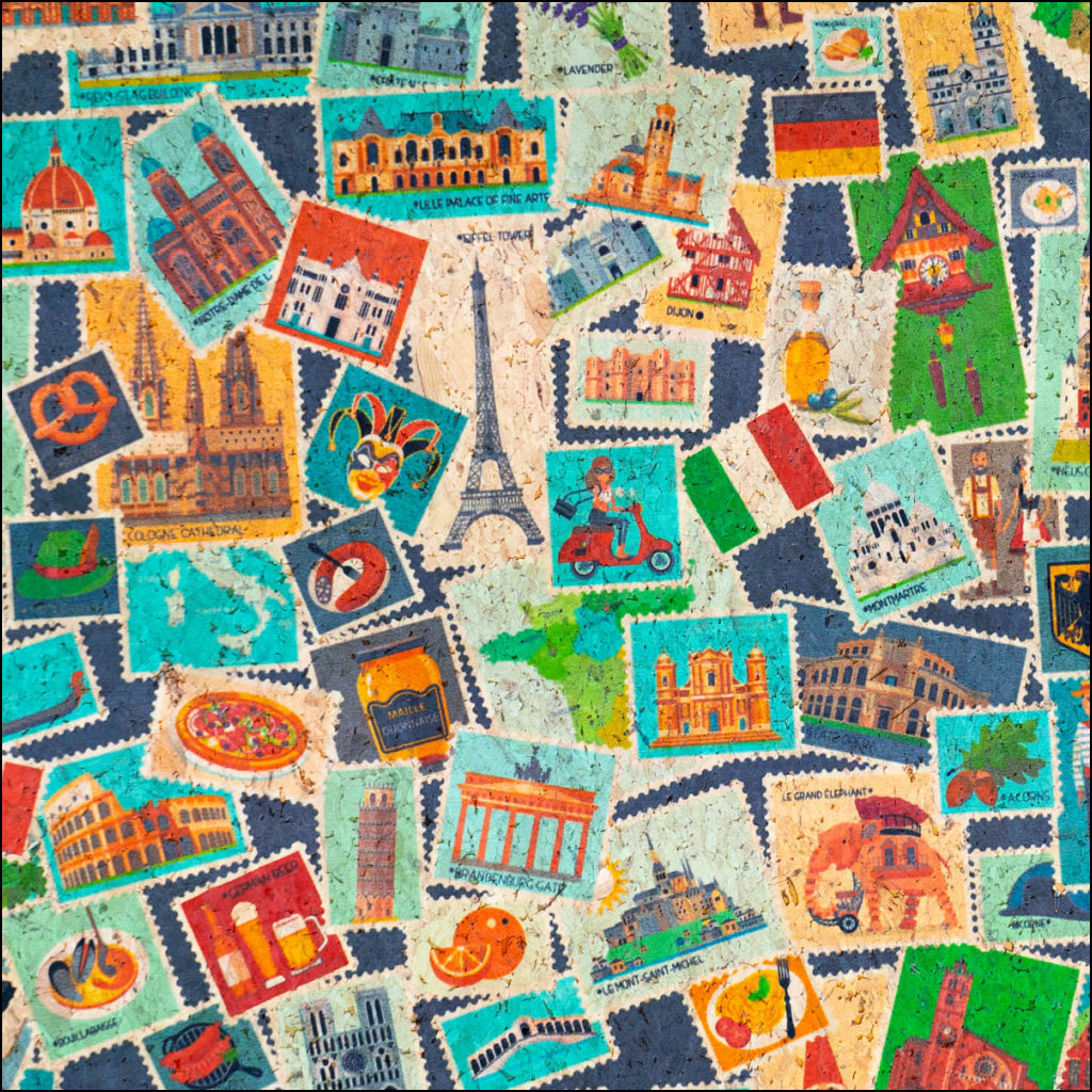 European Landmarks Stamp Print On Cork Material Fabric Cof-498 Cork Fabric