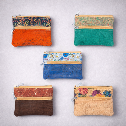 Dual Zip Cork Coin Pouch BAGP-333 (5 Units) RANDOM PATTERN