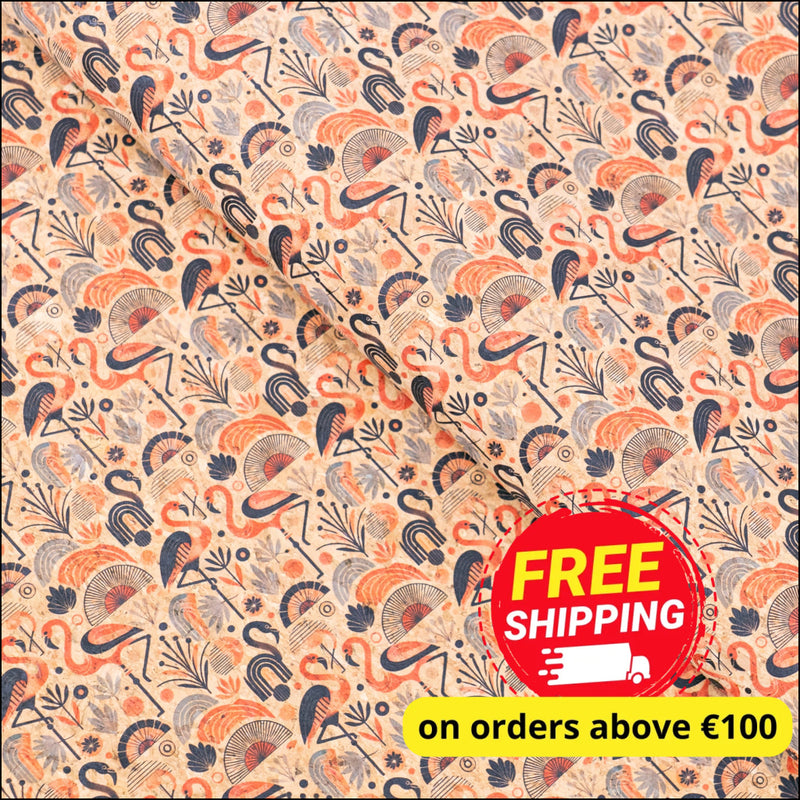 Flamingo Collection - Flamingo and Floral Pattern Cork Fabric COF-746 1/2M (138*50 cm / 54*19 inches) cork fabric