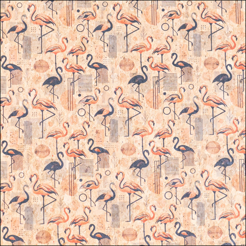 Flamingo Collection - Flamingo and Geometrical Lines and Circles Pattern Cork Fabric COF-745 1/2M (138*50 cm / 54*19