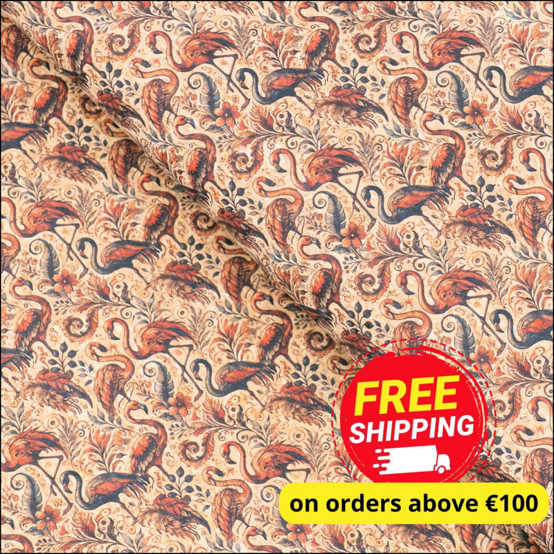 Flamingo Collection - Flowers and Flamingo Feathers Pattern Cork Fabric COF-744 1/2M (138*50 cm / 54*19 inches) cork