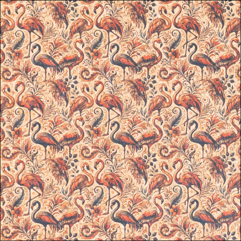 Flamingo Collection - Flowers and Flamingo Feathers Pattern Cork Fabric COF-744 1/2M (138*50 cm / 54*19 inches) cork