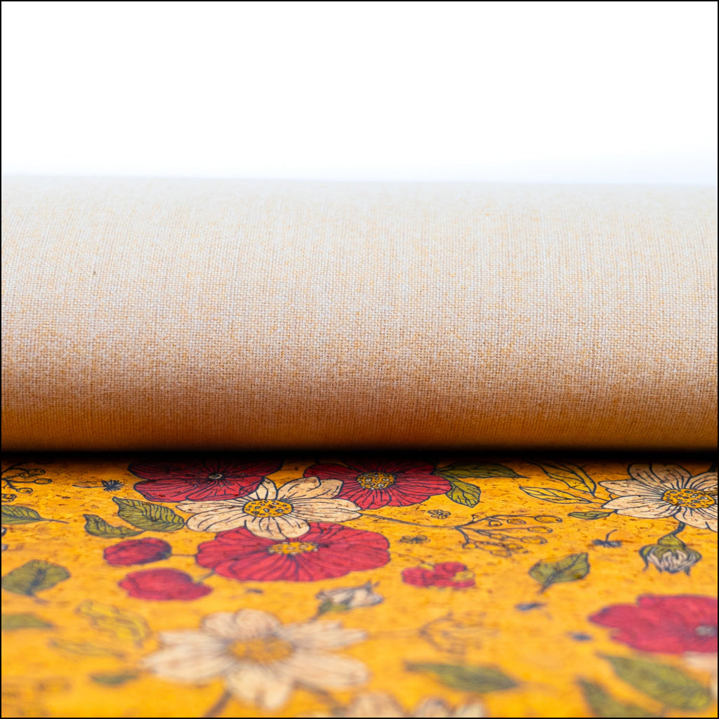Floral Print Cork Fabric With Yellow Background Cof-540 Cork Fabric