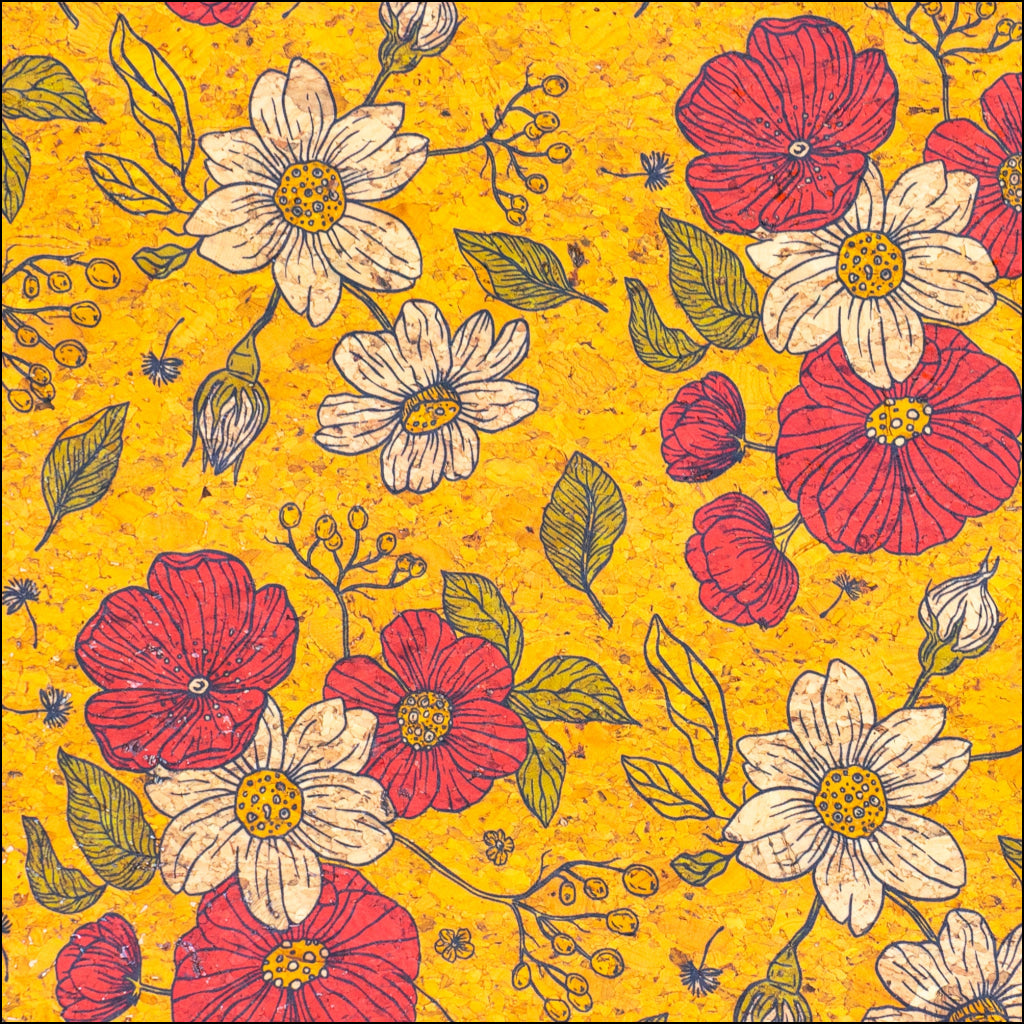 Floral Print Cork Fabric With Yellow Background Cof-540 Cork Fabric