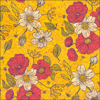 Floral Print Cork Fabric With Yellow Background Cof-540 Cork Fabric